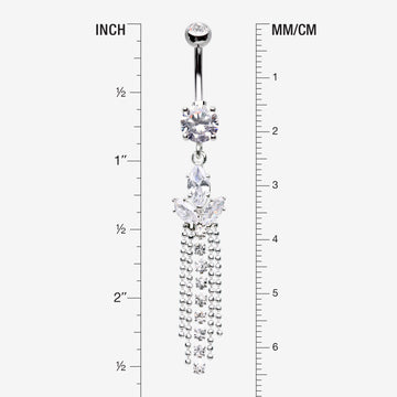 Detail View 1 of Tri-Marquise Floral Leaf Sparkles Chain Drop Belly Button Ring-Clear Gem